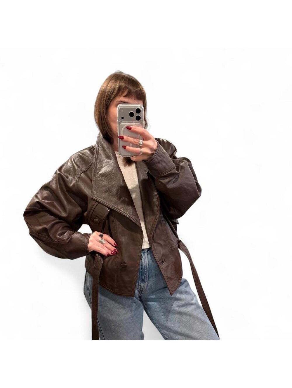 Vintage 90s Brown Leather Cropped Moto Jacket